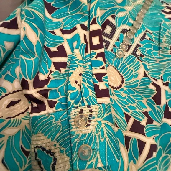 Etcetera by Carlisle Teal/White Floral Long sleeve Button Blouse Size 12/Large - Picture 6 of 13